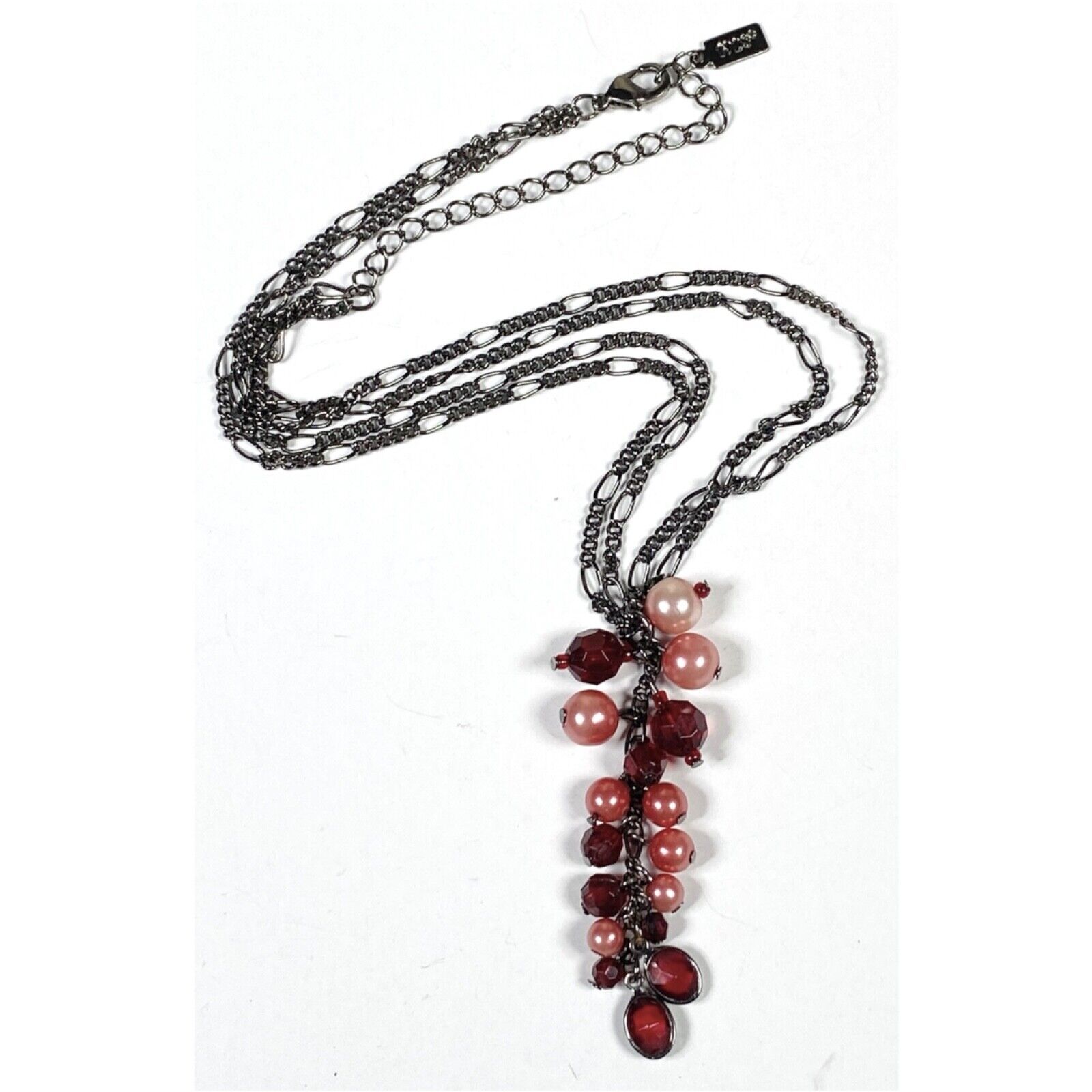 1928 Necklace Gunmetal Chain Red Pink Beaded Cluster Dangle Whimsygoth Enchanted